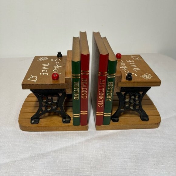 Vintage School Daze Enesco Cast Iron Wood BOOK ENDS Vintage 1970s Pair Teacher - Picture 8 of 10